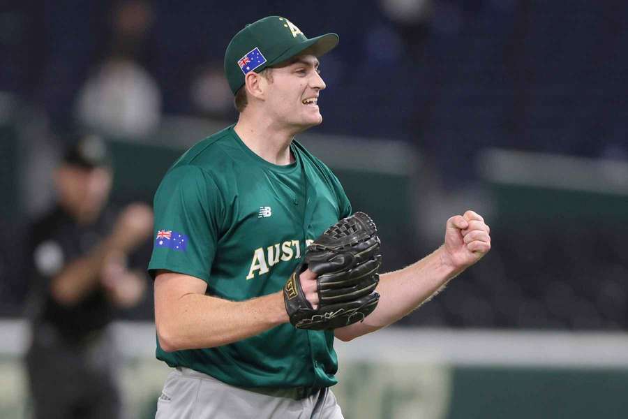 Australia pitcher Jon Kennedy reacts during 2023 World Baseball Classic