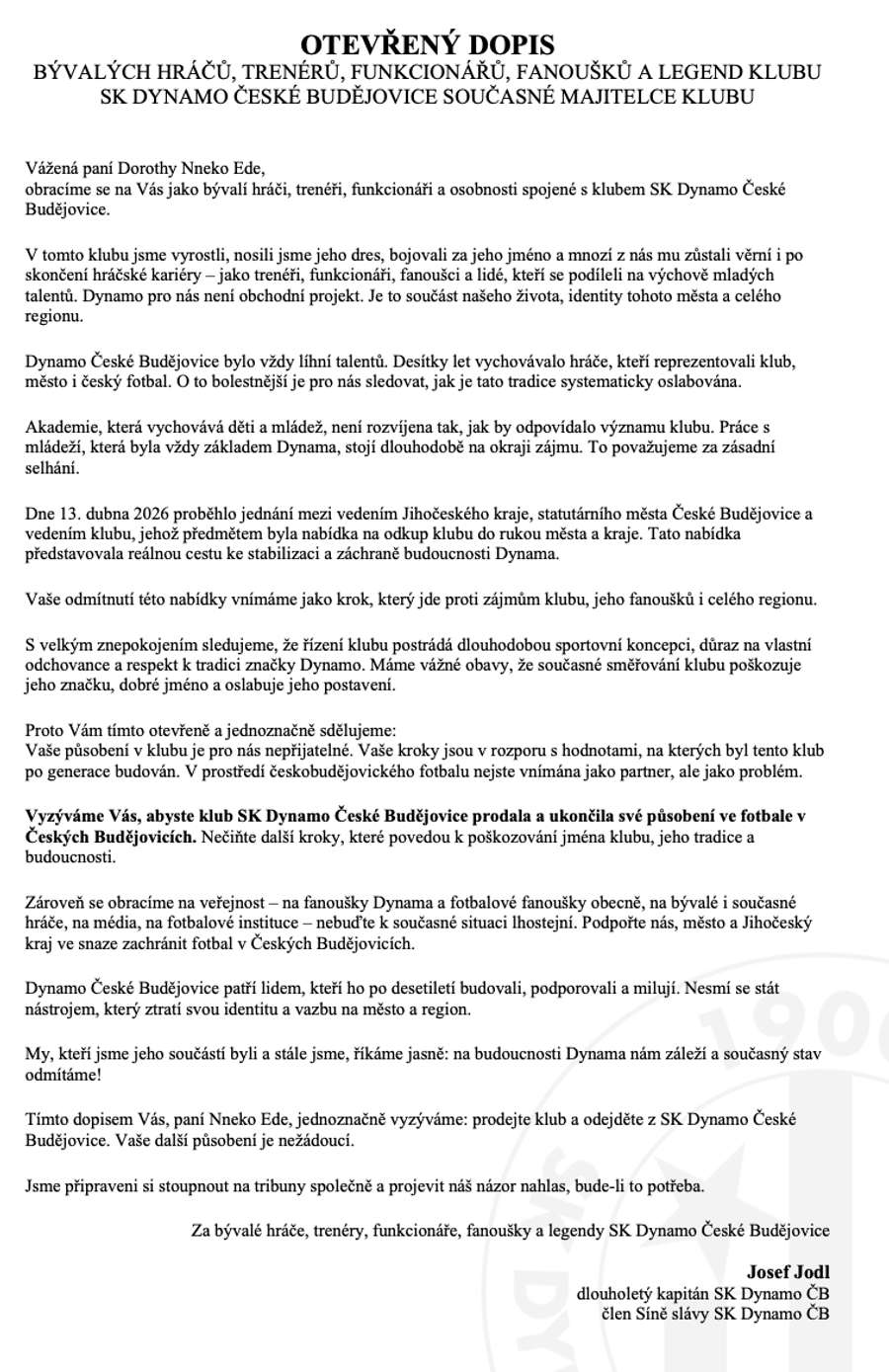 Otevřený dopis bývalých hráčů Dynama