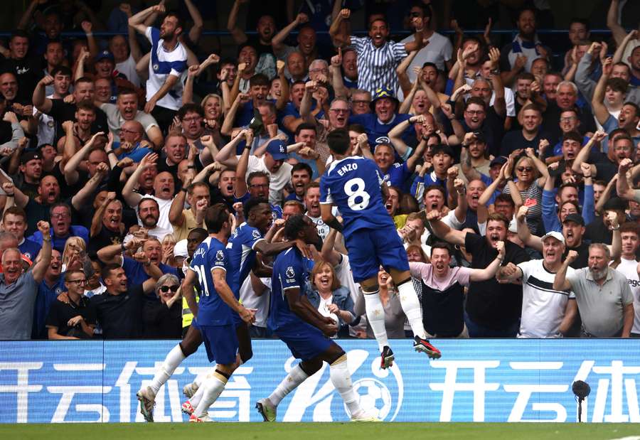 Chelsea's French defender #02 Axel Disasi (3L) celebrates after scoring the equalising goal