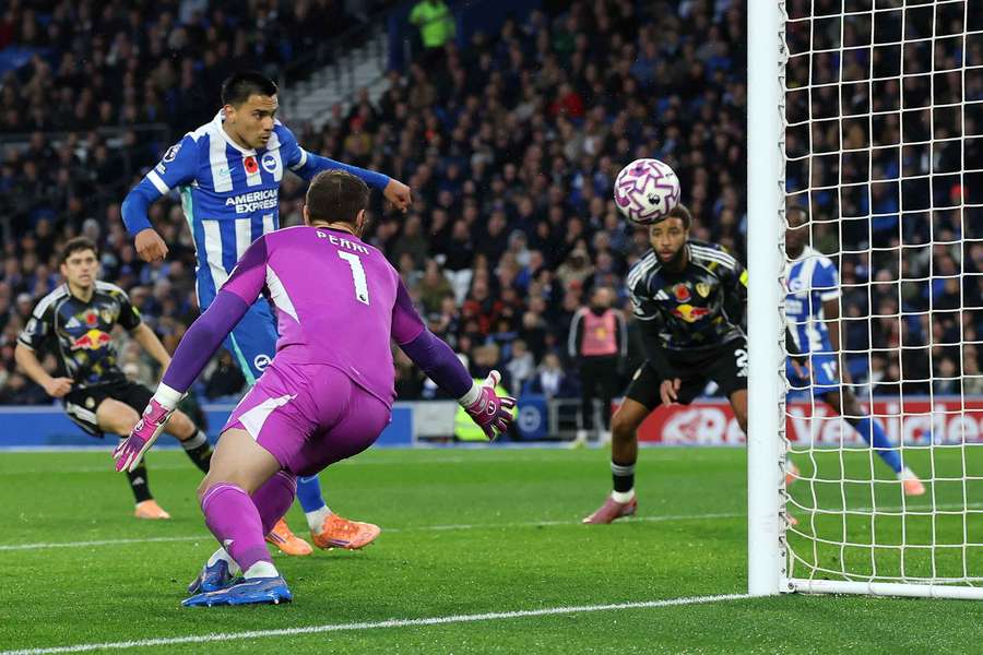 Diego Gomez scores Brighton's second goal against Leeds