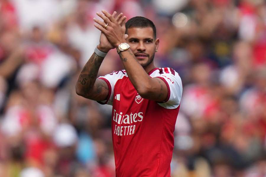 Bruno Guimaraes applauds supporters as he is introduced to the fans ahead of Arsenal's friendly against Dortmund 