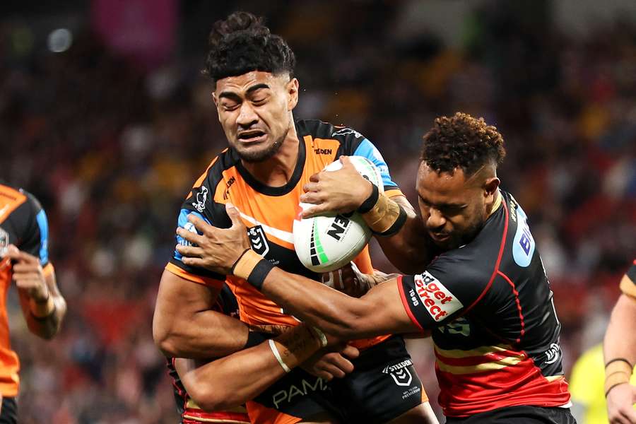 Newcastle forward Kepaoa in action for Wests Tigers against the Dolphins in 2024.