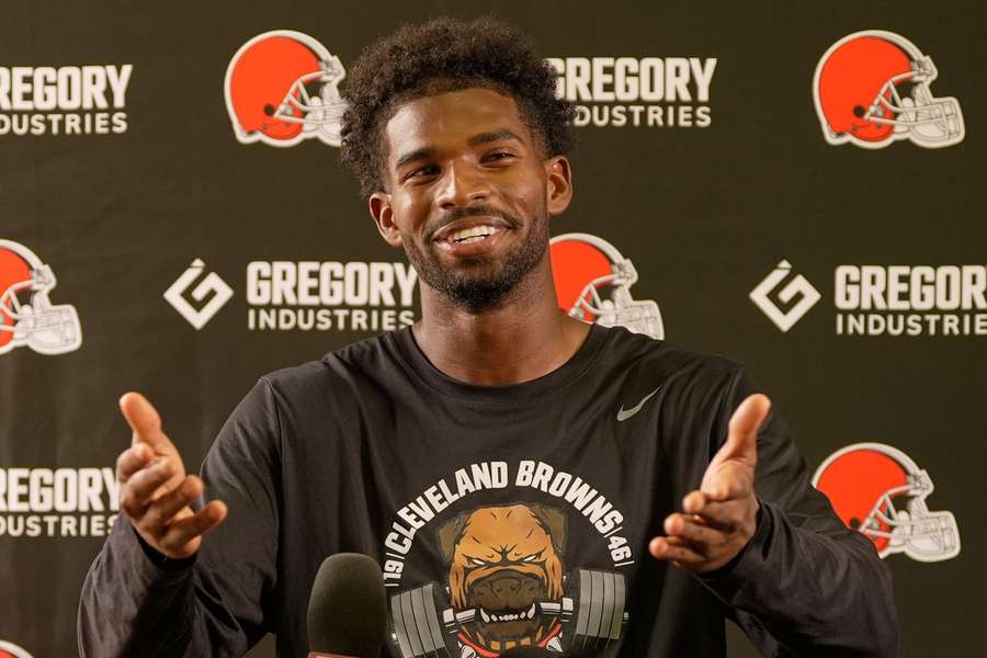 Browns QB Shedeur Sanders during a training camp press conference