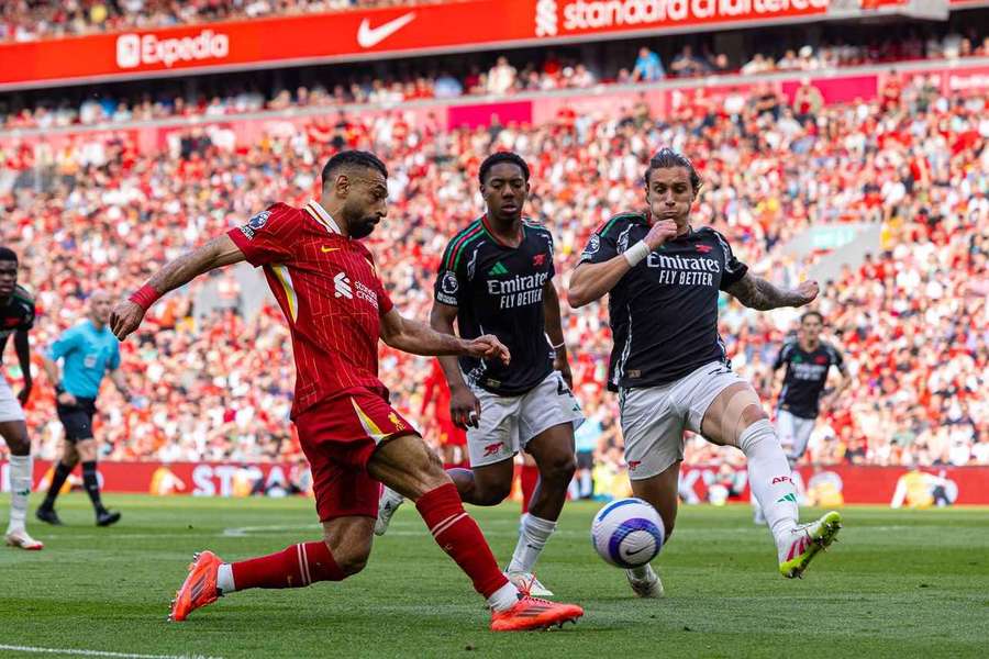 Liverpool's Mohamed Salah vies for the ball during the match against Arsenal