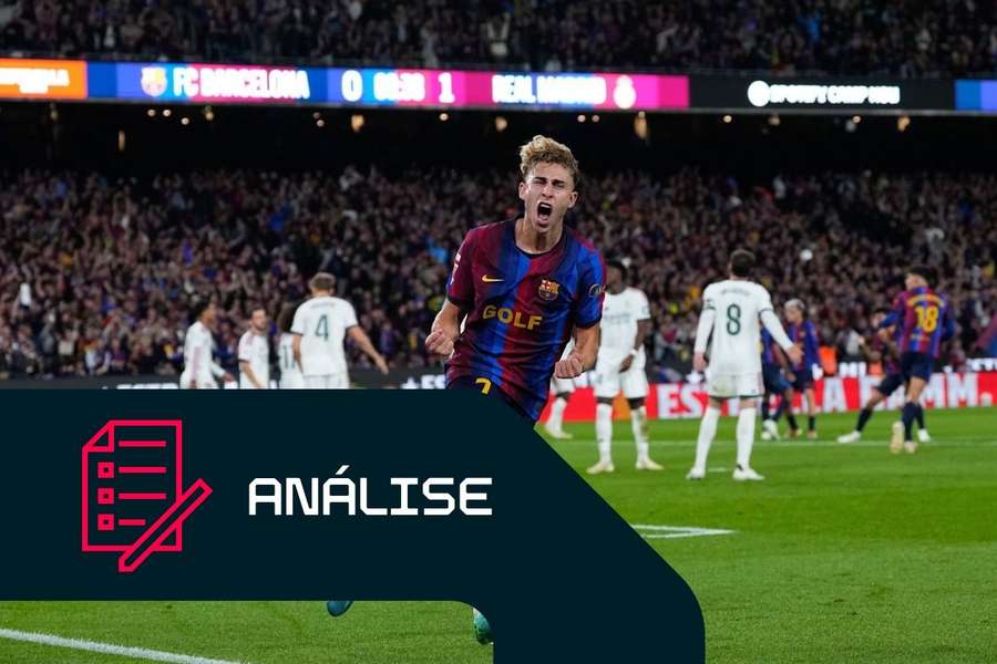 Fermín López, do Barcelona, celebra um golo frente ao Real Madrid Fermín López, do Barcelona, celebra um golo frente ao Real Madrid