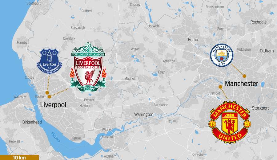 Liverpool e Manchester United têm grandes rivais até mesmo em suas próprias cidades.