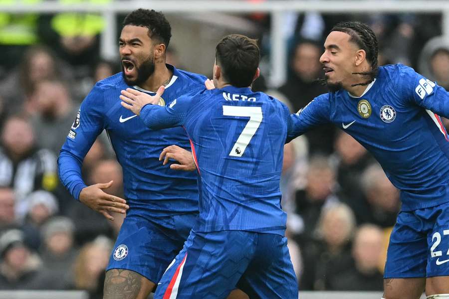 Reece James celebrates after pulling a goal back for Chelsea shortly after the break.
