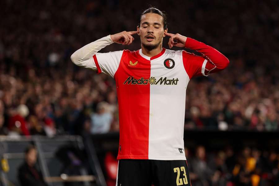 Feyenoord's Anis Hadj Moussa celebrates scoring the 1-0 against Heerenveen