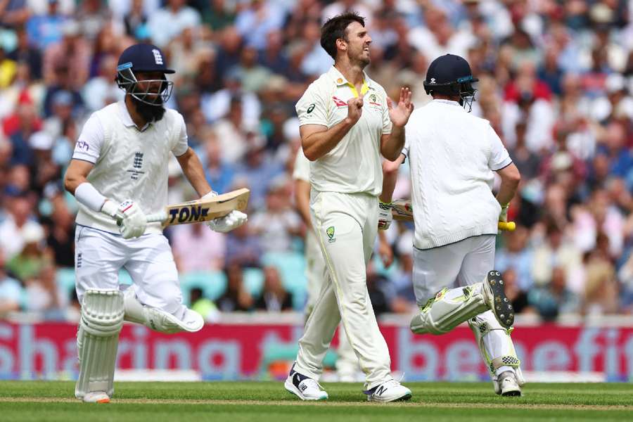 Australia's Mitchell Marsh reacts as England's Moeen Ali and Harry Brook score runs