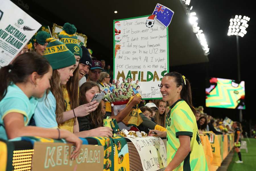 Hayley Raso interacts with supporters at Coopers Stadium in Adelaide.
