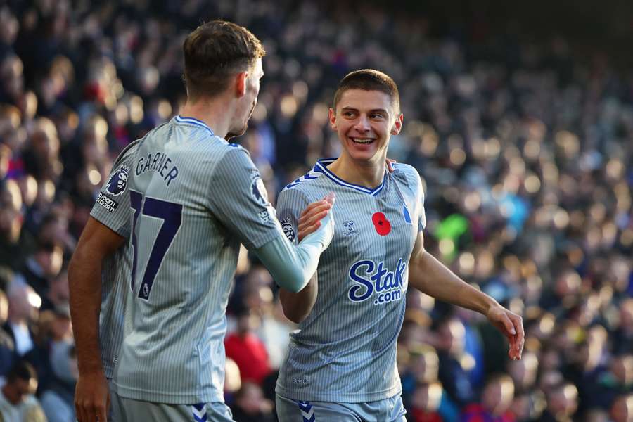 Vitaliy Mykolenko of Everton celebrates with teammate James Garner after scoring the team's first goal 