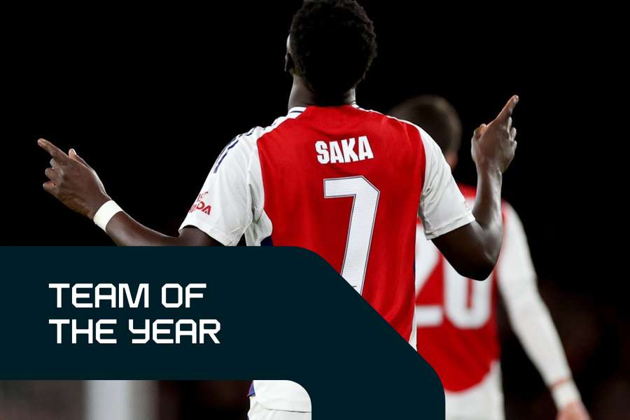 Saka celebrates after scoring a goal for Arsenal