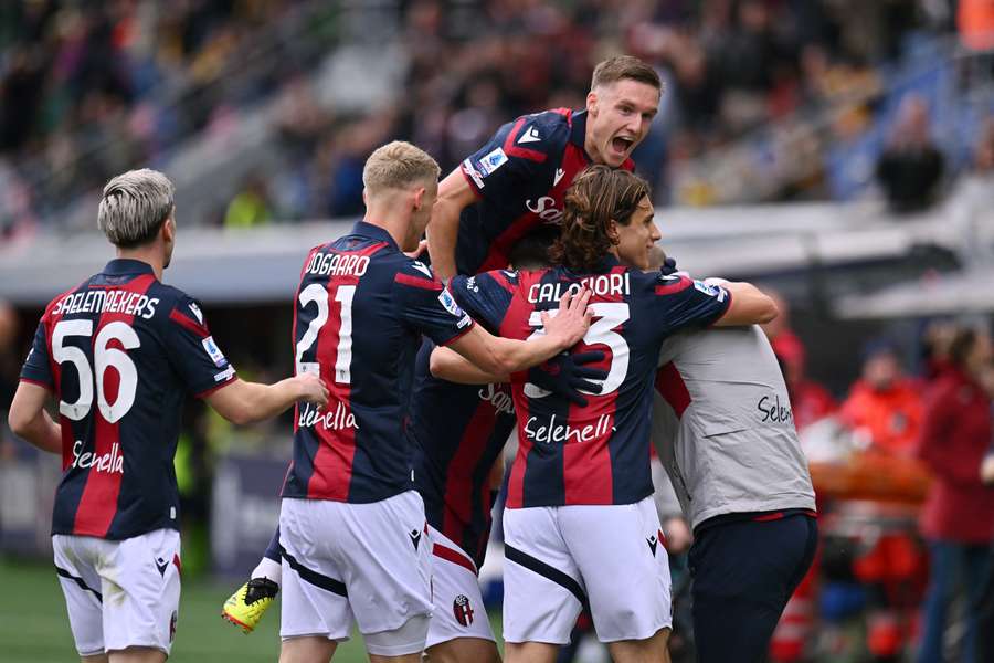 Bologna celebrate their opener against Salernitana