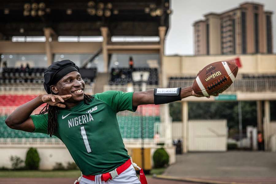 Player for Nigeria flag football team celebrates after a touchdown Player for Nigeria flag football team celebrates after a touchdown