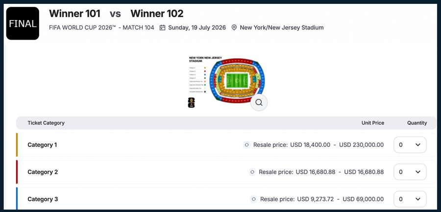 Preço da revenda de ingresso na Final no site da FIFA