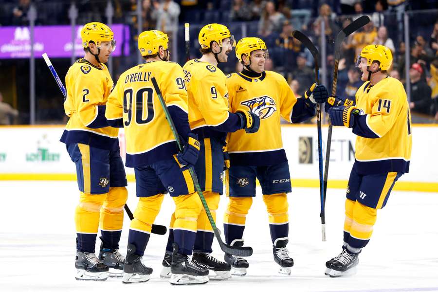 Nashville Predators players celebrate after a goal against the Winnipeg Jets. (February 27, 2025)