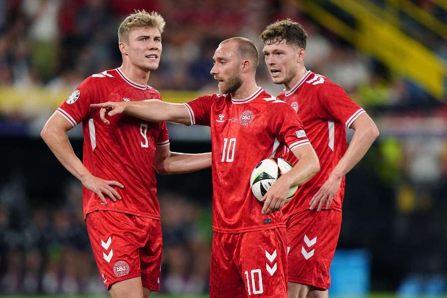 Rasmus Hojlund (left), Christian Eriksen and Andreas Skov Olsen in action during EURO 2024