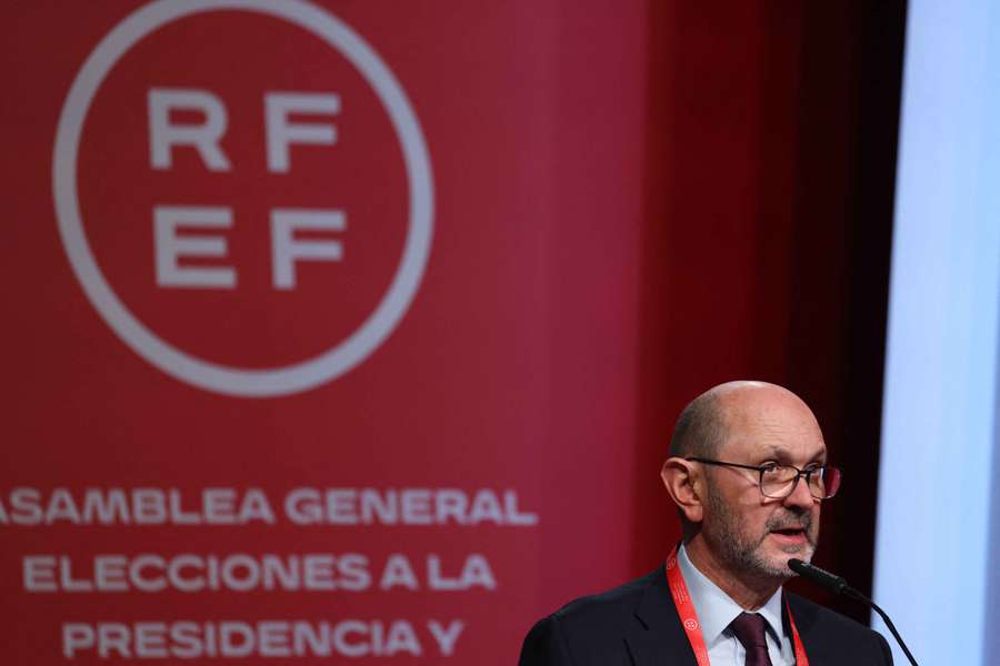 New Spanish Football Federation president Rafael Louzan makes a speech after being elected