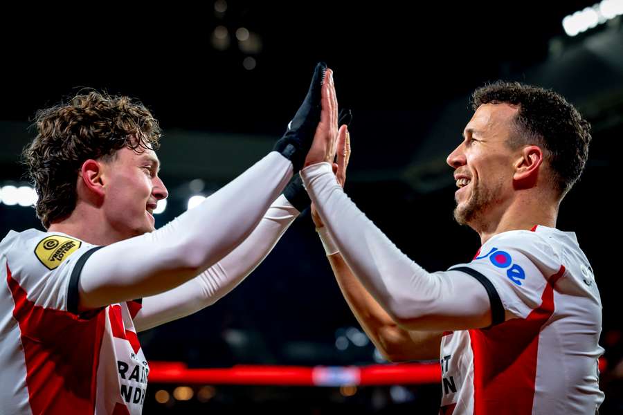 PSV's Paul Wanner (L) and Ivan Perisic celebrate Perisic's 3-0 against sc Heerenveen in the Dutch KNVB Beker on February 4th, 2026