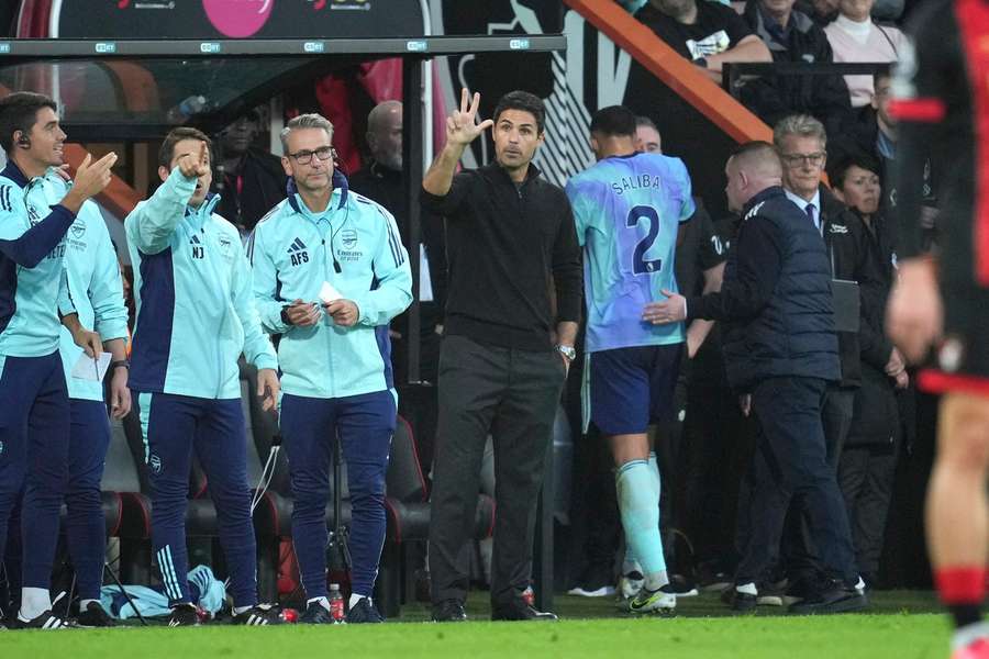 Mikel Arteta reacts as William Saliba walks down the tunnel after being sent off against Bournemouth