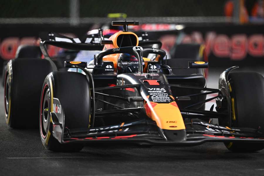 Red Bull's Max Verstappen races during the second practice session for the Las Vegas Grand Prix