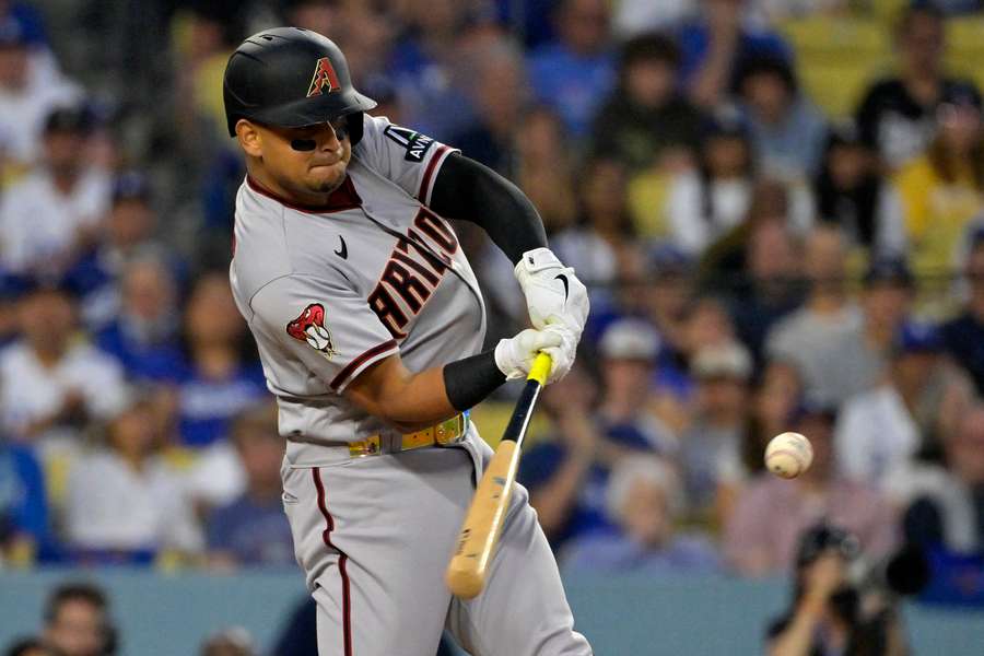 Arizona Diamondbacks catcher Gabriel Moreno hits a three run home run against the Los Angeles Dodgers in the first inning