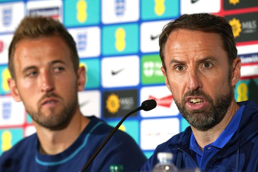 England head coach Gareth Southgate and Harry Kane during a press conference in Milan