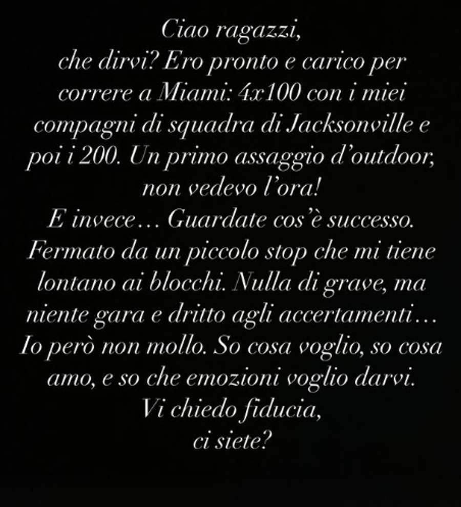 Il messaggio di Jacobs su Instagram Il messaggio di Jacobs su Instagram
