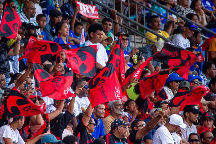 Crusaders fans cheer on their team against Fijian Drua at HFC Stadium in Suva.
