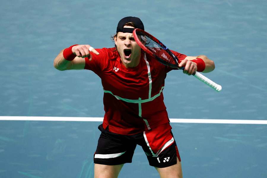 Belgium's Zizou Bergs celebrates winning his singles match against France's Arthur Rinderknech Belgium's Zizou Bergs celebrates winning his singles match against France's Arthur Rinderknech