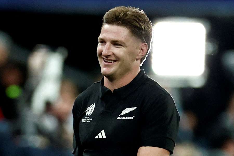 Jordie Barrett celebrates after the match as New Zealand reach the 2023 Rugby World Cup final