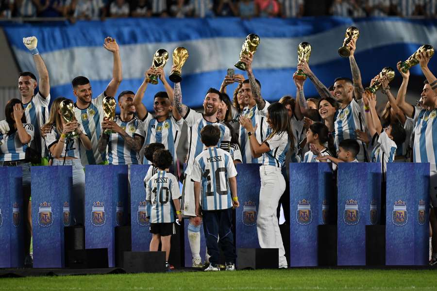 Argentina's forward Lionel Messi celebrates during a recognition ceremony