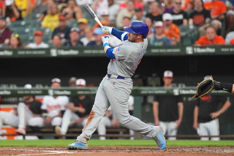 Chicago Cubs outfielder Ian Happ connects on a three run home run in the fourth inning against the Baltimore Orioles at Oriole Park at Camden Yards