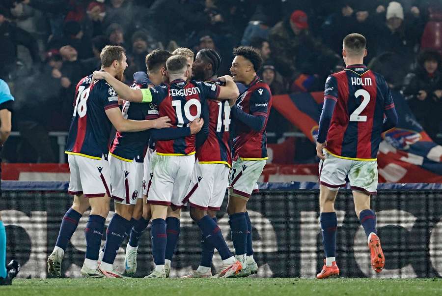 Bologna celebrate their late winner Bologna celebrate their late winner