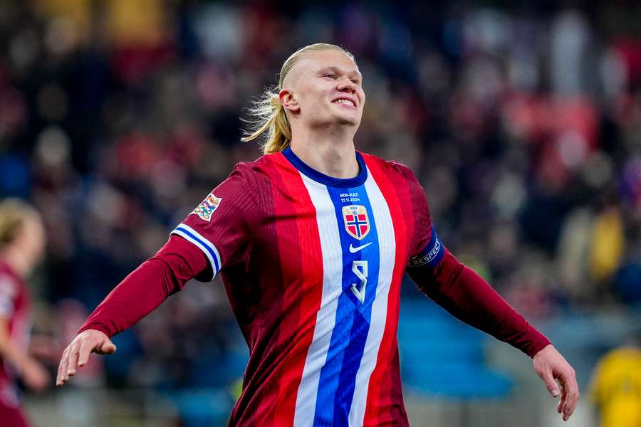 Erling Haaland celebrates a goal for Norway