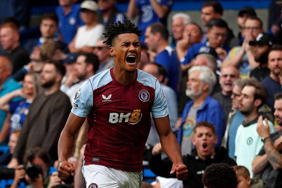 Aston Villa's English striker #11 Ollie Watkins celebrates after scoring the opening goal 