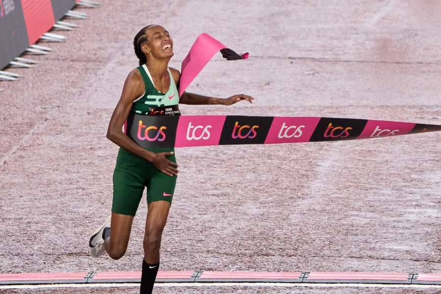 Hassan crosses the line to win the Women’s London Marathon in her first outing at the distance