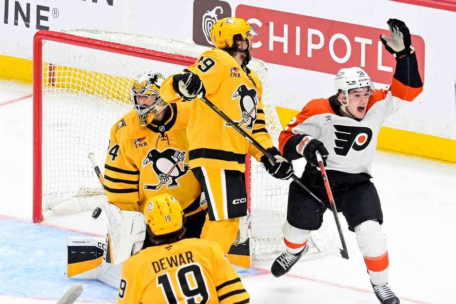 Flyers' Denver Barkey celebrates goal against Penguins during Game 1