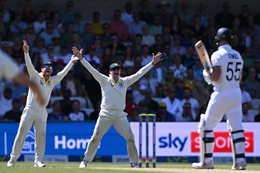 David Warner and Steven Smith appeal for LBW against Ben Stokes