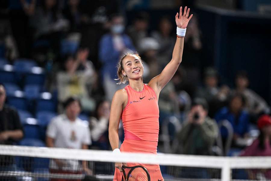 Zheng Qinwen celebrates after beating Moyuka Uchijima on Thursday