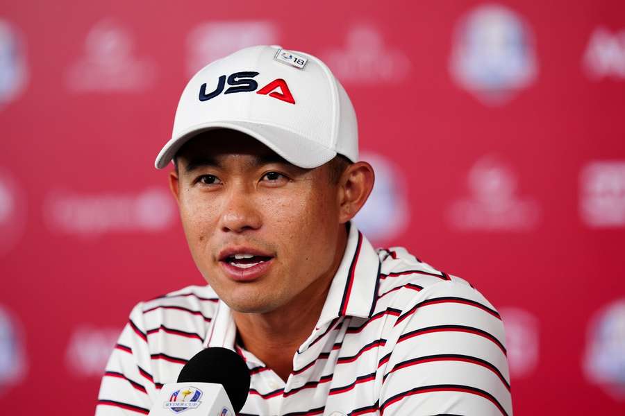 Collin Morikawa speaks during a press conference ahead of the Ryder Cup 