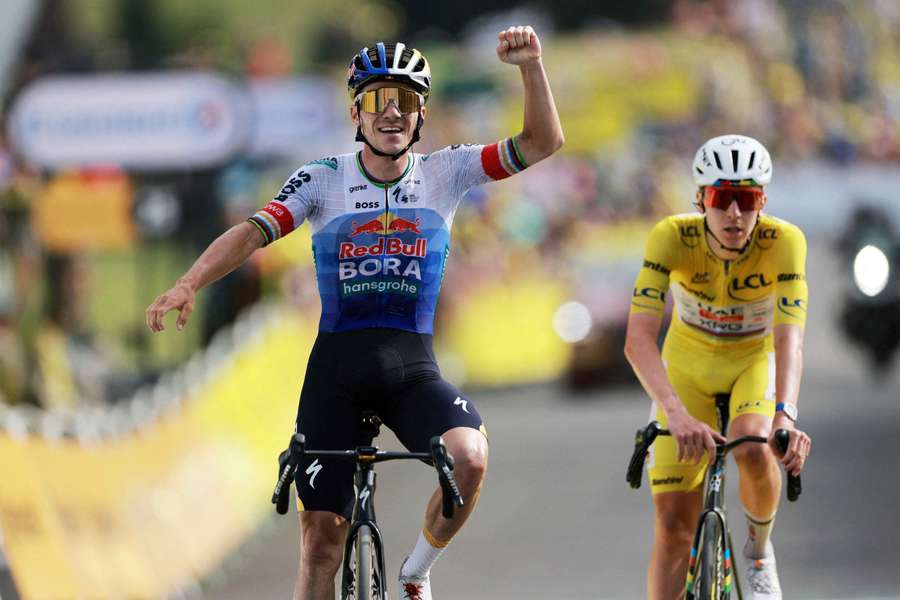 Remco Evenepoel celebrates winning stage 15 of the Tour de France Remco Evenepoel celebrates winning stage 15 of the Tour de France
