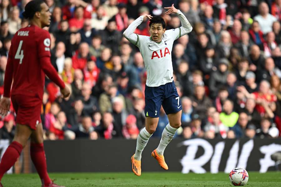 Tottenham Hotspur's South Korean striker Son Heung-Min reacts after scoring their second goal