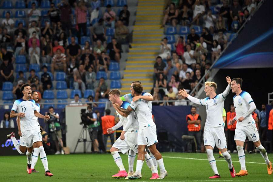 England celebrate the only goal of the game in Batumi