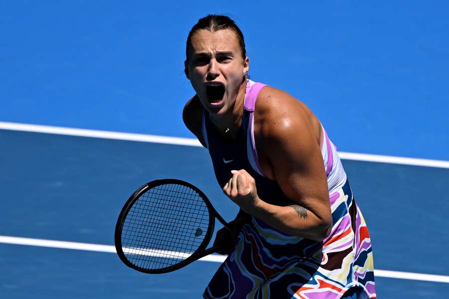 Belarus' Aryna Sabalenka celebrates a match point against Switzerland's Belinda Bencic