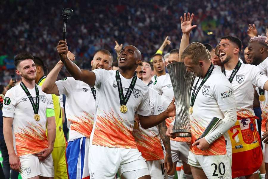 West Ham players lifting the Europa Conference League trophy at Prague's Eden Arena