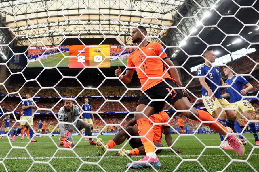 The Netherlands' Cody Gakpo runs off to celebrate after scoring the 3-0 against Sweden The Netherlands' Cody Gakpo runs off to celebrate after scoring the 3-0 against Sweden