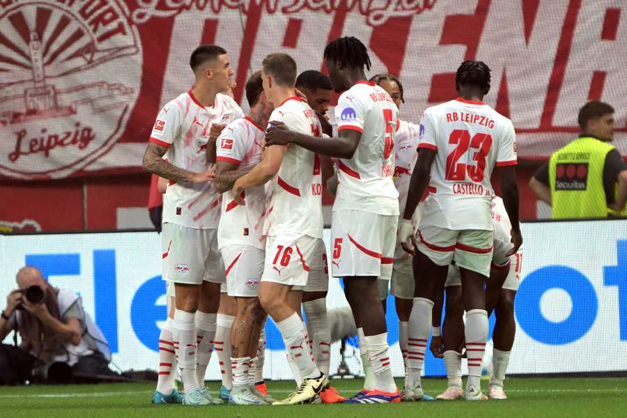 RB Leipzig's players celebrate