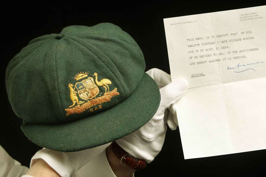 The 'Baggy Green' cap worn by Don Bradman in his final Test match innings in 1948. 