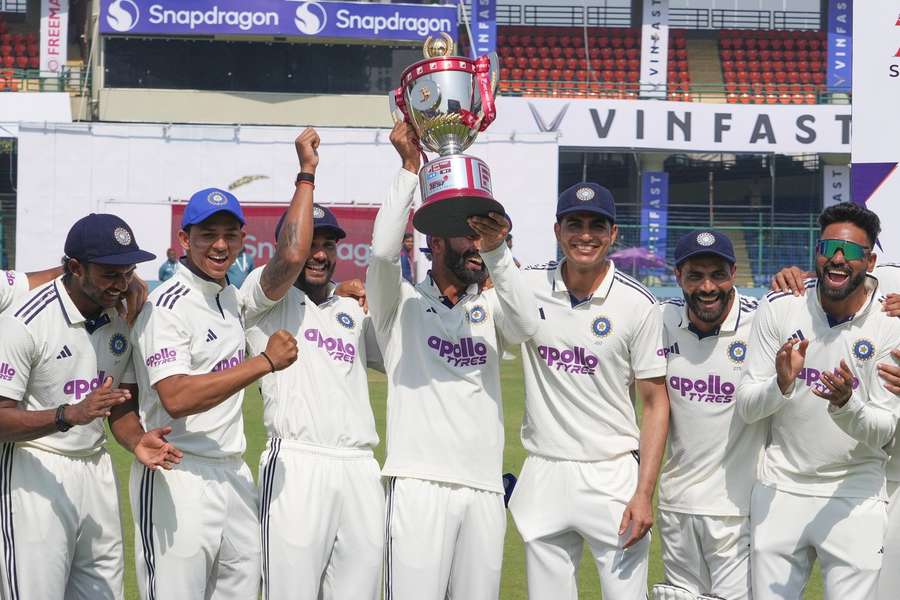 India's players celebrate after winning the series against the West Indies